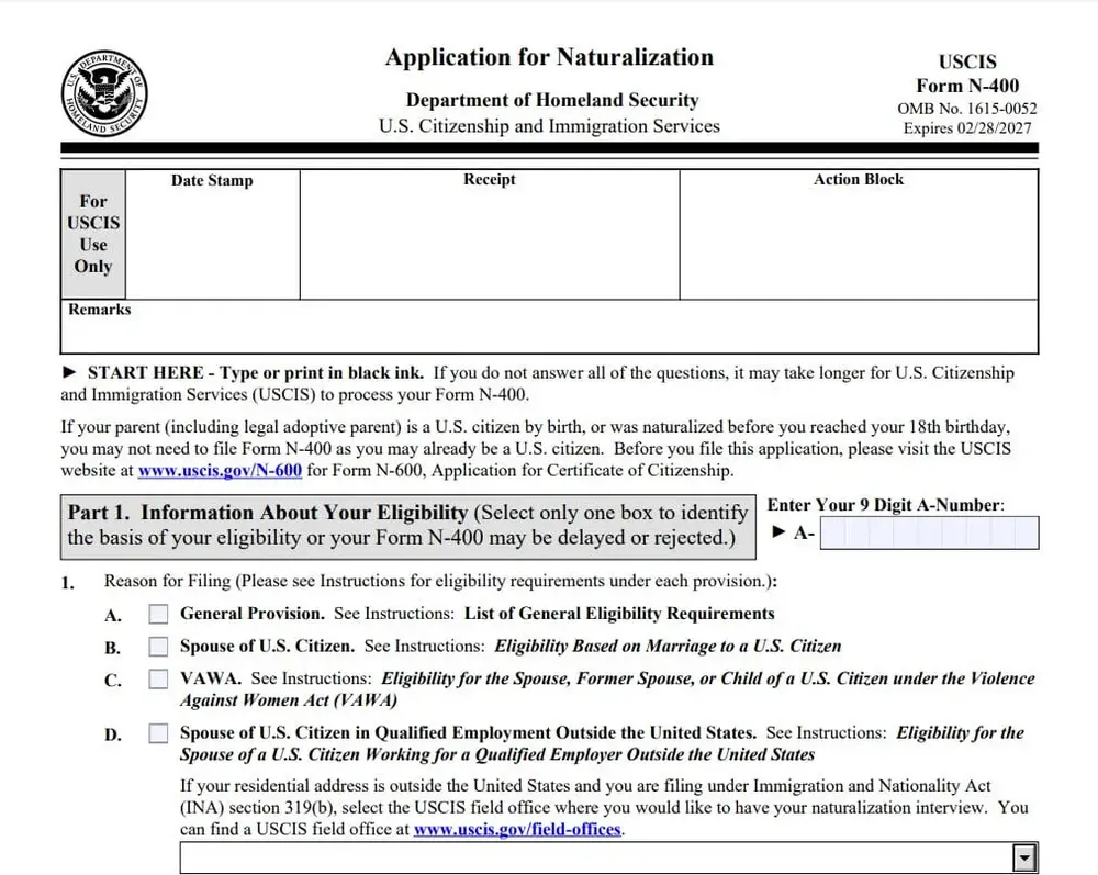 Mẫu đơn N-400 khi nhập quốc tịch