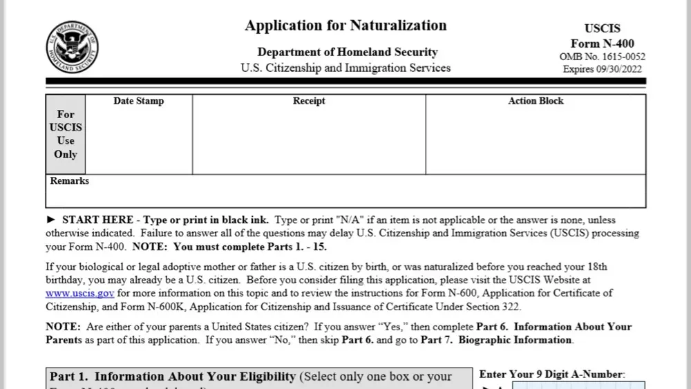 Mẫu đơn N-400 dùng để bắt đầu quá trình xin quốc tịch Mỹ (naturalization process)