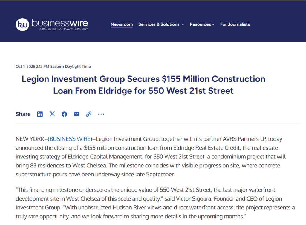 Dự án EB-5 550 West Chelsea nhận gói tài trợ xây dựng 155 triệu USD 